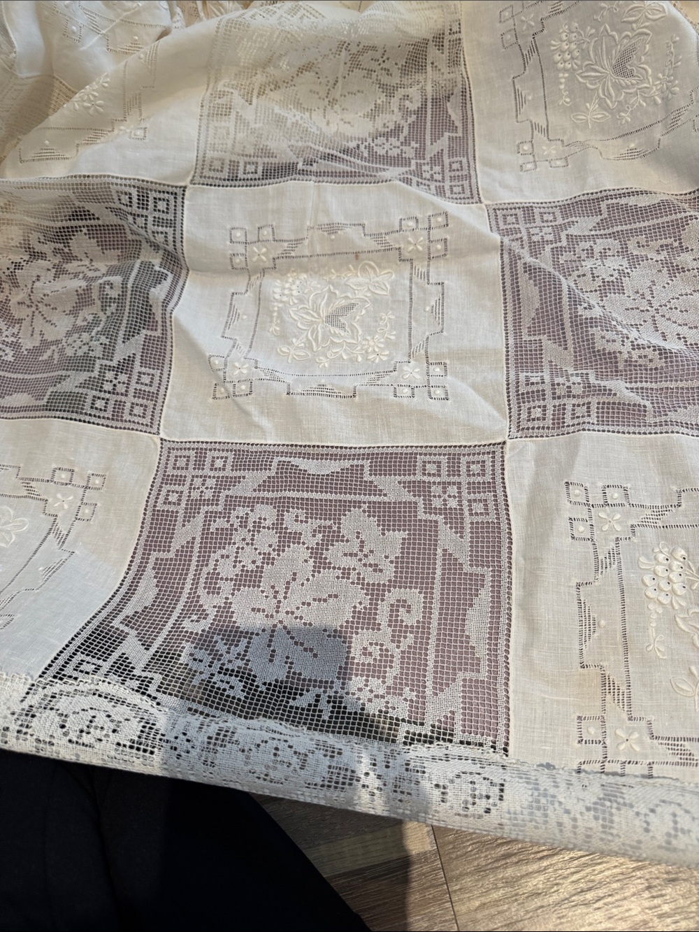 Vintage linen and lace handcrafted tablecloth